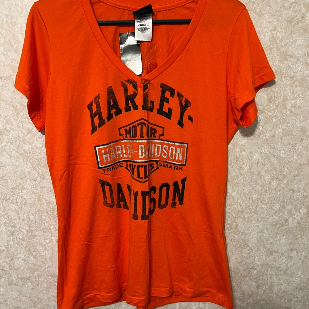 Harley-Davidson Women's Bright Orange V-Neck Logo Tee